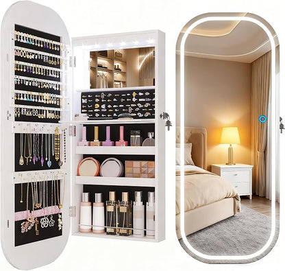 LVSOMT LED Mirror Jewelry Cabinet, Wall/Door Jewelry Organizer, 16"W, White | Lockable Jewelry Armoire with Full Length Mirror, 65 Ring and 108 Earring Slots, Foldable Shelf, Rounded Corner