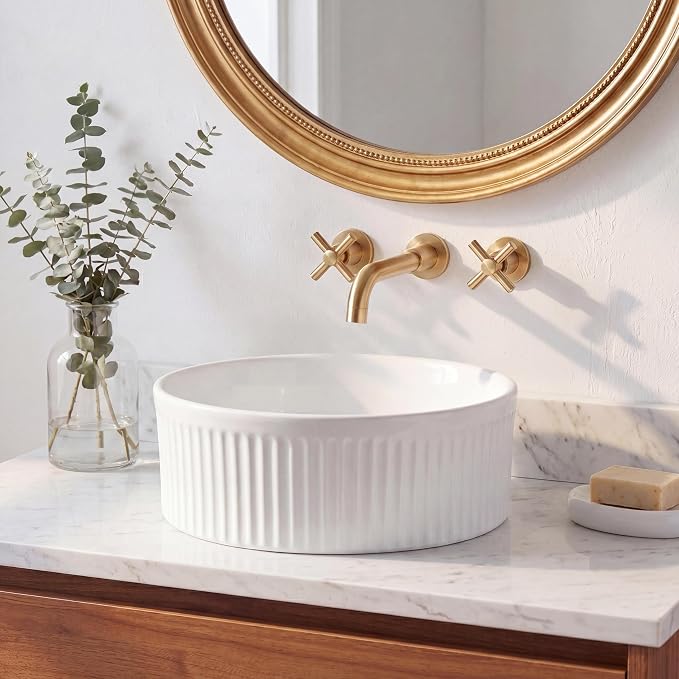 JONATHAN Y Element 14.75" Round Fluted Vessel Sink, White | Ceramic, Above Counter Vanity Basin, 5.25" Height, 1.75" Drain Hole, Stain Resistant Glaze, Modern Minimalist Style
