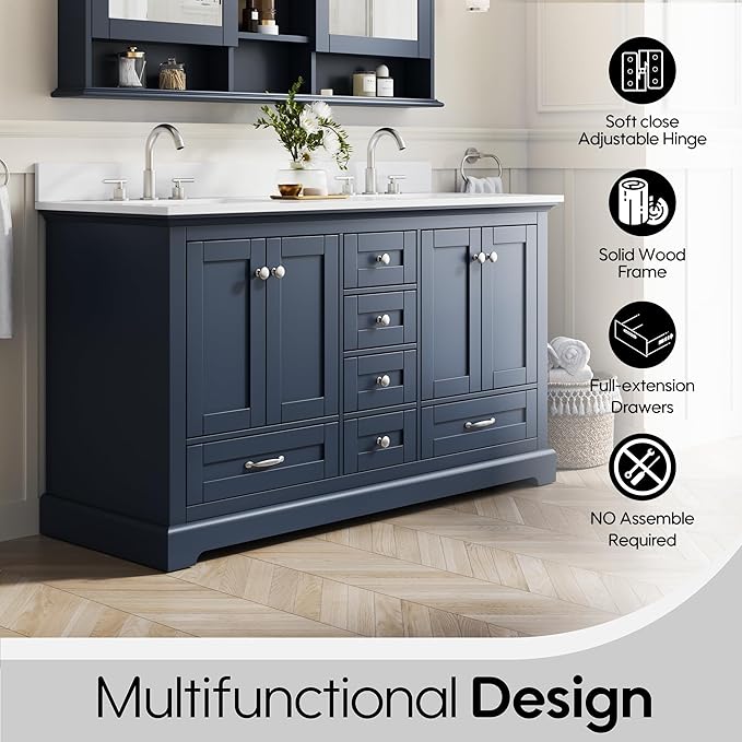 WELLFOR 60" Bathroom Vanity with Double Sinks, Bathroom Freestanding Vanity W/4 Soft-Close Doors and 6 Drawers, Large Storage Space Vanity, Bathroom Vanity with Cultured Marble Countertop (Navy Blue)