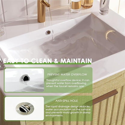 24" Bathroom Vanity with Sink, Floating Bathroom Vanity with 2 Fluted Drawers & Metal Handle, Wall Mounted Cabinets with Integrated Ceramic Sink for Apartment, Home, Wood Grain
