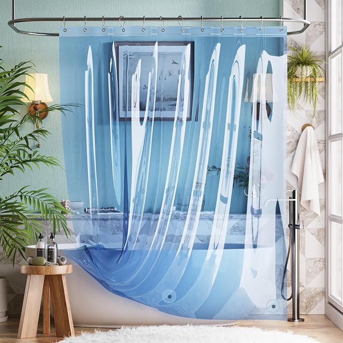 Bathway Shower Curtain Liner, Clear Shower Curtain Liner 72x72 PEVA Waterproof Shower Curtain Liner Plastic with 3 Magnets and 12 Rustproof Metal Grommets, Lightweight Blue Shower Liner for Bathroom
