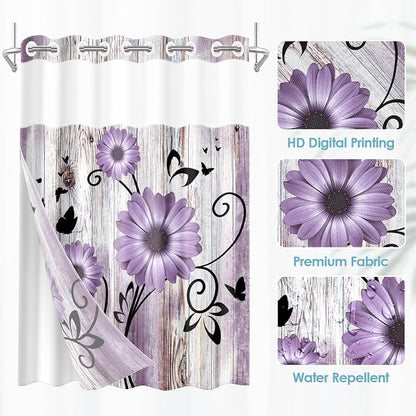 No Hook Shower Curtain with Snap in Liner 54x80 Inch Purple Daisy | Farmhouse Flower Rustic Modern Double Layers Waterproof Fabric with See Through Top Window Open Grommet Bath Curtain