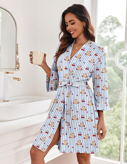 Ekouaer Women Kimono Robes Knee Length Knit Bathrobe Lightweight Soft Sleepwear V-neck Casual Ladies Loungewear