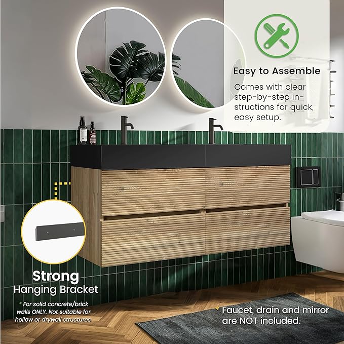 48" Floating Bathroom Vanity with Black Sink Combo, Modern Floating Double Sink Bathroom Vanity with Solid Surface Tops & 4 Soft-Closing Drawers, Large Storage for Apartment, Hotel, Rough Oak