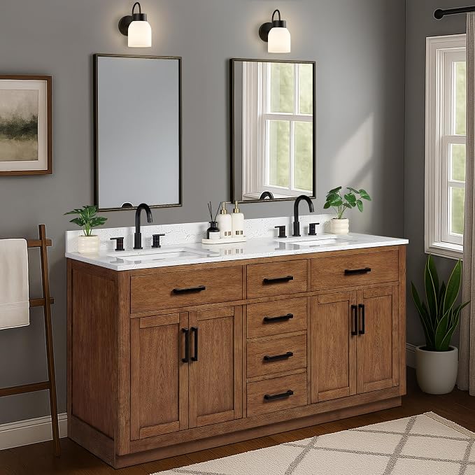 66-inch Dark Walnut Bathroom Vanity with 2 Sinks, Solid Wood, 0.79-inch Stone Countertop and Backsplash, 6 Drawers, 4 Soft Closing Doors