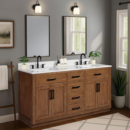66-inch Dark Walnut Bathroom Vanity with 2 Sinks, Solid Wood, 0.79-inch Stone Countertop and Backsplash, 6 Drawers, 4 Soft Closing Doors