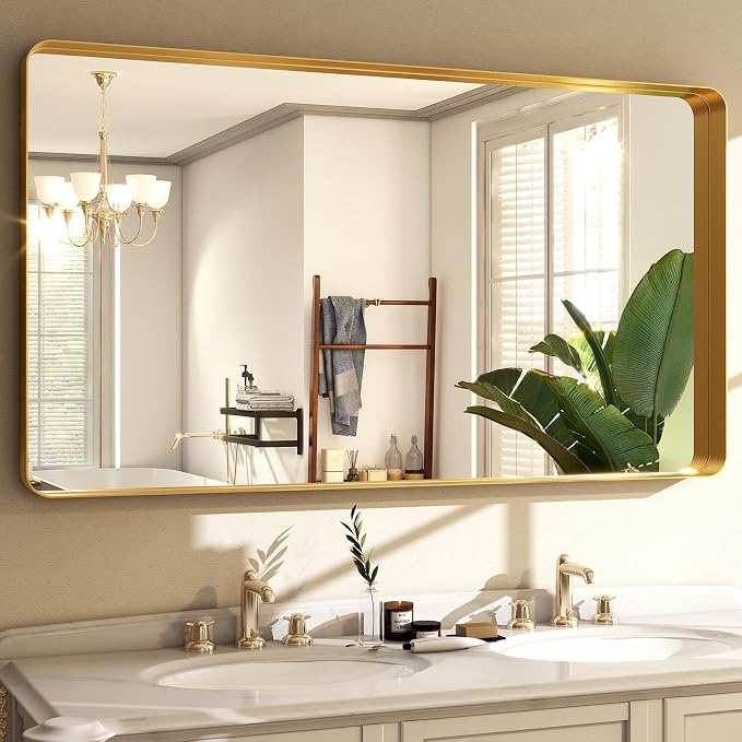 Easly 48 x 30 Inch Gold Bathroom Mirror, Rectangular Wall Mounted Shatterproof Mirror, Aluminum Alloy Frame with Rounded Corners, Horizontal or Vertical for Farmhouse Decor