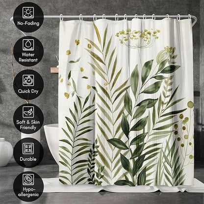 Americanflat 71x74 Botanical Shower Curtain - Water-Resistant Long Shower Curtain with Durable Metal Grommets and 12 Hooks - 100% Polyester - Ivory, Muted Yellow and Green Bathroom Curtains