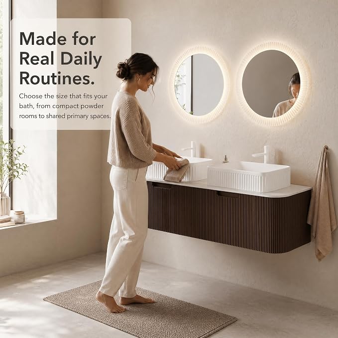 60 Inch Double Sink Bathroom Vanity, Floating Wall Mounted Cabinet, Dark Walnut Curved Fluted Front, Stone Top, Dual White Textured Rectangular Vessel Basins, Pre-Assembled