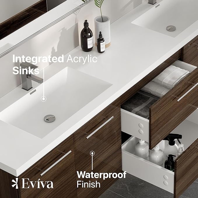 Eviva Lumina 84 in. Gray Oak Wall Mount Double Sink Bath Vanity with Acrylic Top and Integrated Sinks