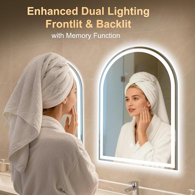 Arched LED Lighted Bathroom Mirror with Lights 20"x28"Smart Anti-Fog | Dimmable 3 Color Modes, Backlit and Front Lit, Memory Function, HD Tempered Glass,Touch Sensor