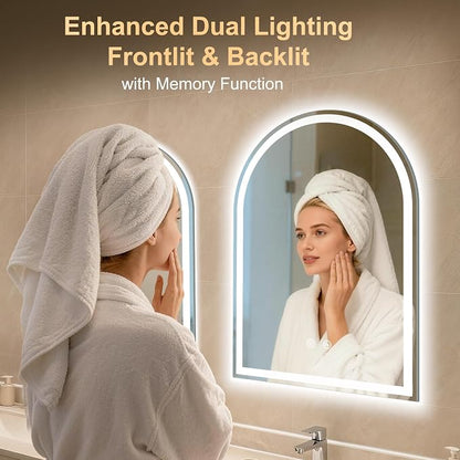 Arched LED Lighted Bathroom Mirror with Lights 20"x28"Smart Anti-Fog | Dimmable 3 Color Modes, Backlit and Front Lit, Memory Function, HD Tempered Glass,Touch Sensor