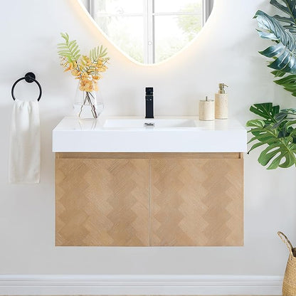 36 Inch Floating Sink Bathroom Vanity Wall Mount Single Vanities Overflow Mordern Large Storge Cabinet with Ceramic Countertop Double Soft Closing Drawers Pre-Assembled