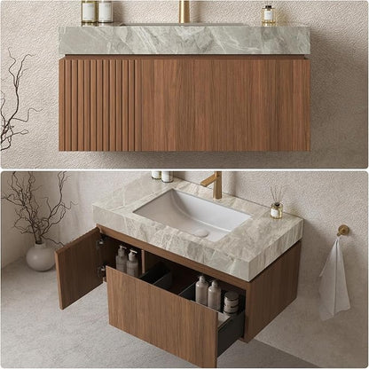 36" Bathroom Vanity with Sink, Wall-Mounted Plywood Bathroom Storage Cabinet with Ceramic Basin & Sintered Stone Countertop, Modern Pre-Assembled Floating Vanity with Drawer & Door, Brown Oak