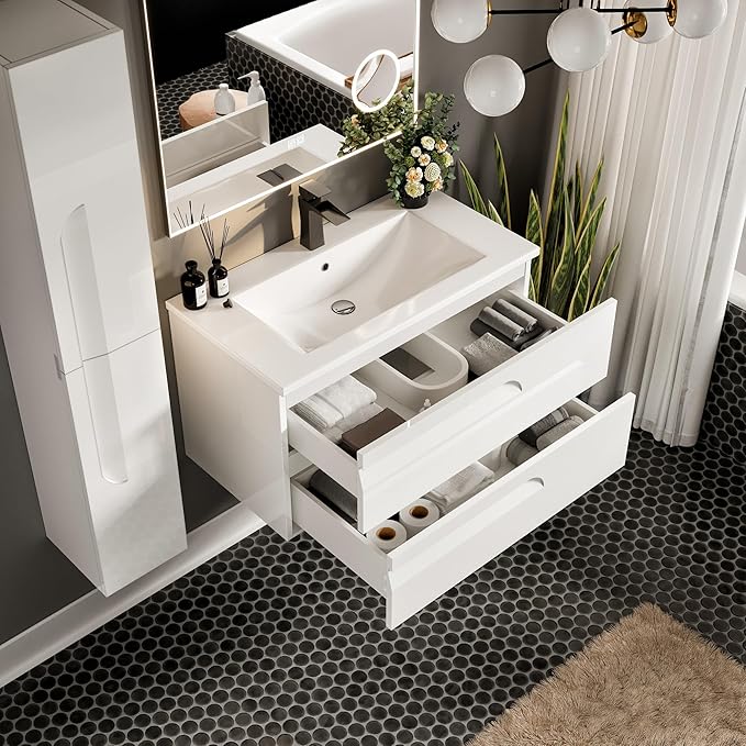 Joy 40 in. White Wall MountSingle Sink Bath Vanity with Porcelain Top and Integrated Sink