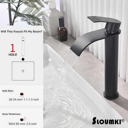 Matte Black Vessel Sink Faucet, High Bathroom Bowl Sink Faucet, Tall Waterfall Bathroom Faucet Single Handle with Hot and Cold Water Hose and Metal Drain