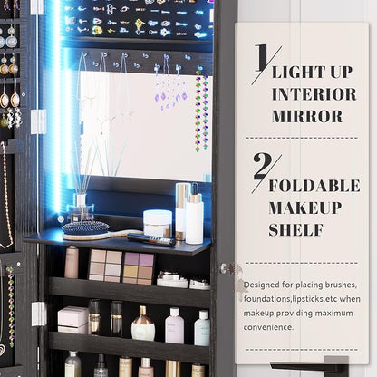 47.2" LED Jewelry Mirror Cabinet, Wall/Door Mounted Jewelry Armoire Organizer with Full Length Mirror, Large Storage Hanging Cabinet, 4 Drawers, 5 Shelves, Built-in Lighted Mirror (Black)