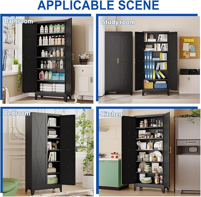 75" Metal Storage Cabinet with 2 Doors and 5 Adjustable Shelves,Black Farmhouse Kitchen Pantry Cabinet,Steel Garage Tool Cabinet,File Cabinetfor Home,Office,Dinning Living Room,Warehouse