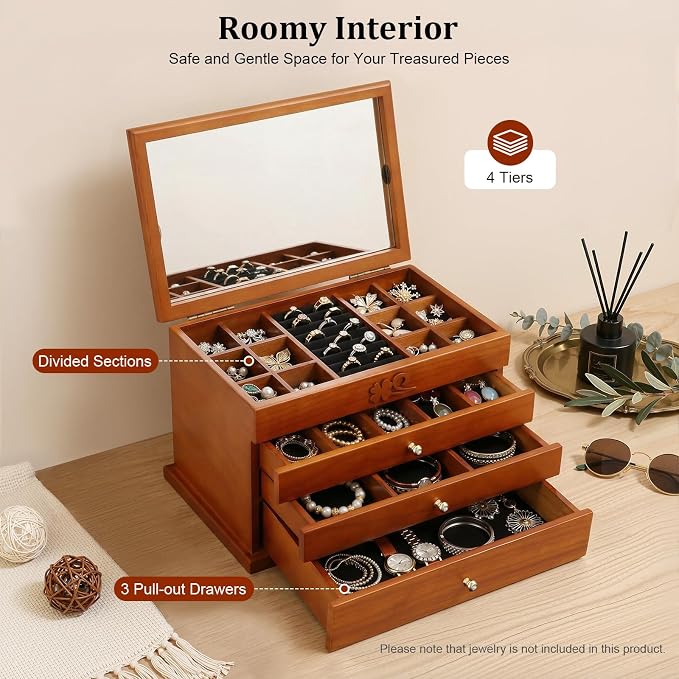 Large Wooden Jewelry Box with Mirror, 4 Layers Jewelry Organizer with 3 Drawers, Watches Necklace Ring Storage Box for Women