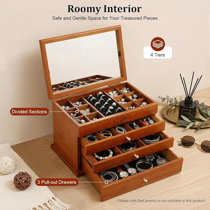 Large Wooden Jewelry Box with Mirror, 4 Layers Jewelry Organizer with 3 Drawers, Watches Necklace Ring Storage Box for Women