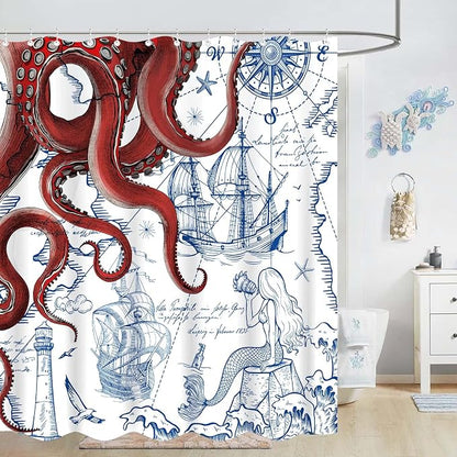 Fungarth Red Nautical Octopus Shower Curtain Navy Blue Mermaid Funny Ocean Kraken Shower Curtains for Bathroom Cool Anchor Coastal Map Waterproof Fabric Bath Curtain Decor with Hooks (Red, 72” x 72”)