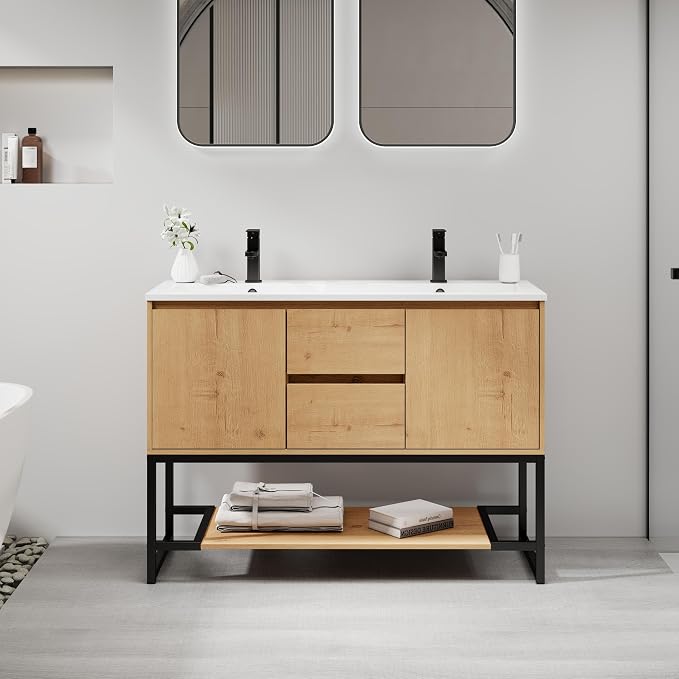 LUCKWIND 48" Modern Bathroom Vanity with Dual White Sink Combo, Freestanding Storage Cabinet with Metal Frame, Matte Black Faucet and Open Shelf and 2 Soft-Closing Door, Natural