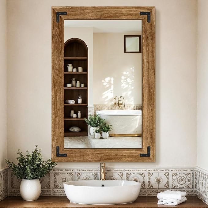 Bathroom Mirror for Wall, 24" x 36" Wooden Vanity Mirror | Solid Wood Frame, Rustic Farmhouse Style, Shatterproof Glass, for Bedroom, Living Room, Entryway Decor, Vertical/Horizontal
