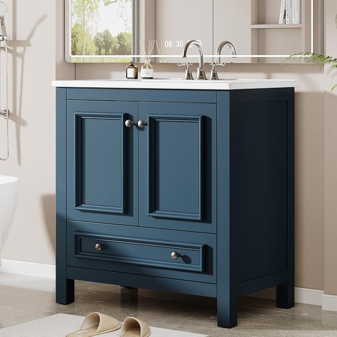 Tribesigns 30" Bathroom Vanity with Sink, Freestanding Bathroom Vanities Cabinet with Ceramic Basin Combo, Bathroom Sink Cabinet with 2 Doors and 1 Drawer, Solid Wooden Frame (Misty Blue, 30 INCH)