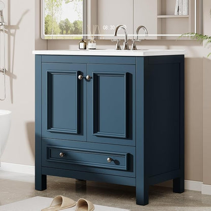 Tribesigns 30" Bathroom Vanity with Sink, Freestanding Bathroom Vanities Cabinet with Ceramic Basin Combo, Bathroom Sink Cabinet with 2 Doors and 1 Drawer, Solid Wooden Frame (Misty Blue, 30 INCH)