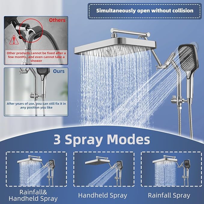14" High Pressure Rain/Rainfall Shower Heads With Handheld Spray Combo (3+1 Settings & Built-in Power Wash Mode), Double/Dual Shower Head With Handheld - Height/Angle Adjustable(Polished Chrome)