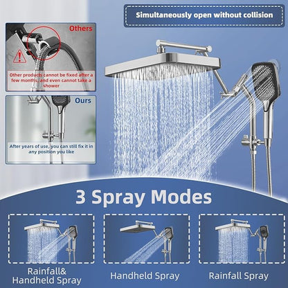 14" High Pressure Rain/Rainfall Shower Heads With Handheld Spray Combo (3+1 Settings & Built-in Power Wash Mode), Double/Dual Shower Head With Handheld - Height/Angle Adjustable(Polished Chrome)