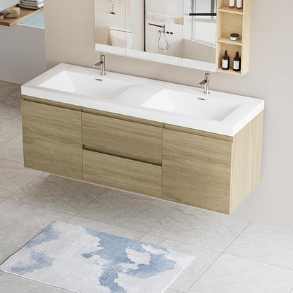 60 Inch Floating Bathroom Vanity with Double Sink, Modern Wall-Mounted Bathroom Storage Vanity Cabinet with Double Resin Top Basins and Soft Close Drawers, Natural Oak
