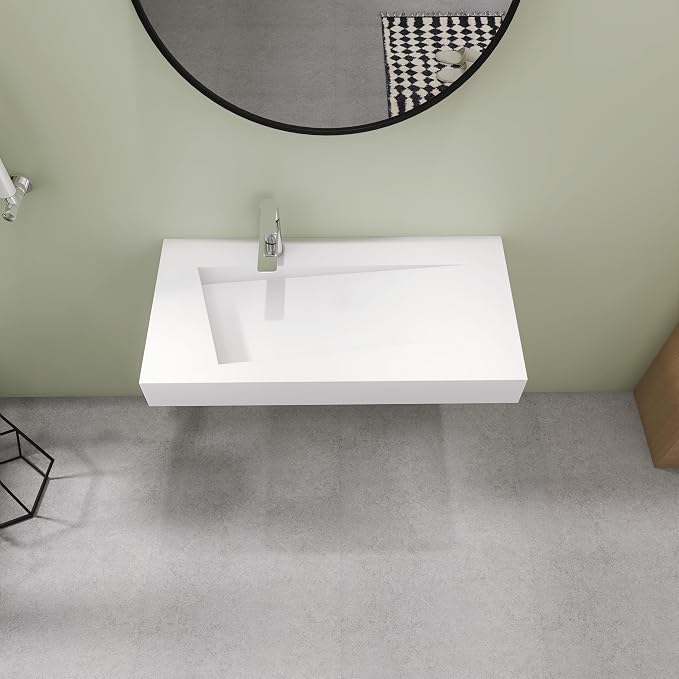 SJ Star&Jane 35" x 18" Solid Surface Bathroom Sink, Wall-Mount or Countertop Vessel Sink, Floating Vanity Sink, Pre-installed Faucet Holes, Durable Modern Design