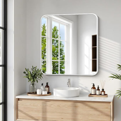 BONEWEI White Bathroom Mirror,24x24 inch Wall Mirror for Bathroom Wall Mounted,Rectangle Mirror for Bathroom Over Sink,Modern Frame Round Corner for Living Room,Bedroom Entryway,Horizontal/Vertical