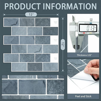 Arttown Peel and Stick 3D Wall Backsplash, 10-Sheet, 12" × 12" Marble Grey | Subway Tiles Self Adhesive Thicker Design Wall Tile Panel Wallpaper for Bathroom Balcony Kitchen Rental Housing