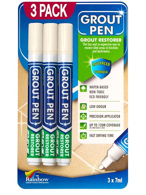 Grout Pen Ivory Tile Grout Paint Marker - Narrow 5mm Tip (7mL) - 3 Pack | Waterproof Grout Refresh Restorer for Kitchen & Bathroom, Colorant and Sealer Pens for Cleaner Looking Grout Lines - Ivory