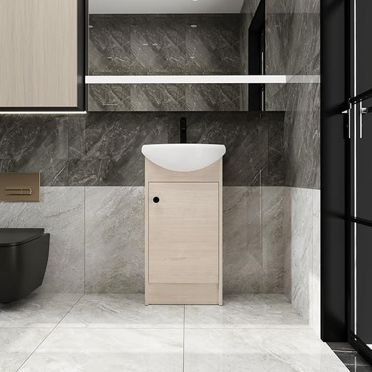 18 Inch Freestanding Bathroom Vanity, 18'' Floor Stand Bathroom Vanity with Sink, Single Sink Cabinet Combo, Modern Storage Cabinet, with Soft Closing Door, 02218PLO