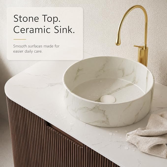 60 Inch Double Sink Bathroom Vanity, Floating Wall Mounted Cabinet, Dark Walnut Curved Fluted Front, Stone Top, Dual Marble-Look Round Vessel Basins, Pre-Assembled
