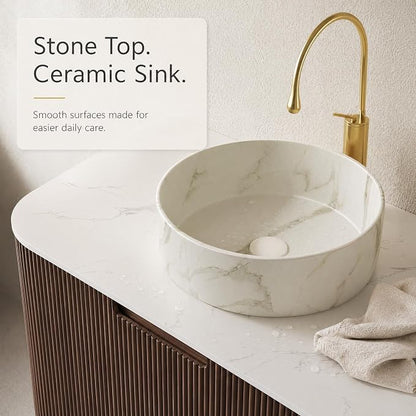 60 Inch Double Sink Bathroom Vanity, Floating Wall Mounted Cabinet, Dark Walnut Curved Fluted Front, Stone Top, Dual Marble-Look Round Vessel Basins, Pre-Assembled