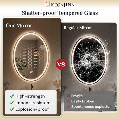 Keonjinn 40 x 30 Inch Oval LED Bathroom Mirror with Frontlit and Backlit | Tempered Glass, 3000K/4500K/6000K, Safe & Fast Defogging, Memory Function, Stepless Dimmable, Easy Install, Plug in/Hardwired