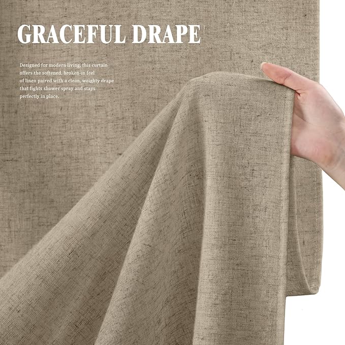 Linen Shower Curtain Flax Khaki, Fabric Boho Farmhouse Shower Curtains for Bathroom Cotton Natural Cloth Liner Set 72" W x 72" L