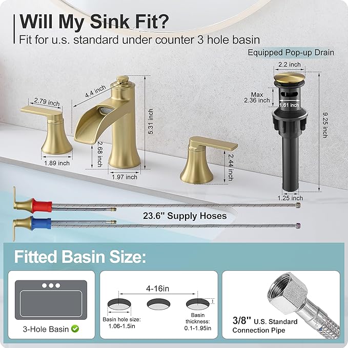 Brushed Gold Bathroom Faucet, 8 Inch Waterfall Bathroom Sink Faucet, Brass Widespread 3 Hole Bathroom Faucets, 2 Handles Faucets for Bathroom Sinks with Pop-up Drain for Vanity