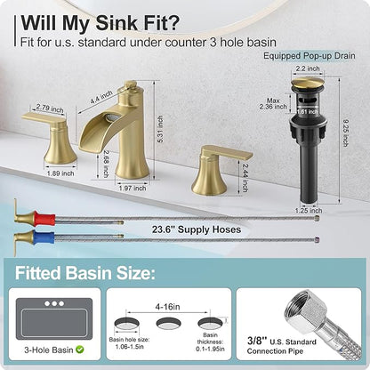Brushed Gold Bathroom Faucet, 8 Inch Waterfall Bathroom Sink Faucet, Brass Widespread 3 Hole Bathroom Faucets, 2 Handles Faucets for Bathroom Sinks with Pop-up Drain for Vanity