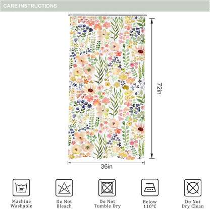 Small Stall Green Yellow Floral Narrow Colorful Bathroom Shower Curtain Set | 36"W x 72"H Flower Spring; waterproof HD print, quick-dry fabric with 12 hooks for easy hanging.