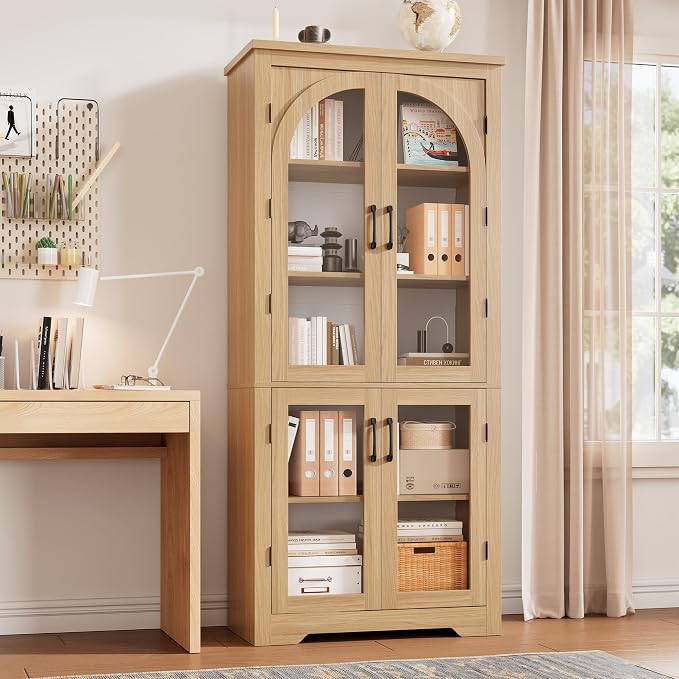Garvee 70" Tall Kitchen Pantry Cabinet - Modern Display Cabinet with 4 Arched Glass Doors and Adjustable Shelves, Versatile Cupboard Organizers for Kitchen, Dining Room, Living Room, Bathroom, Natural