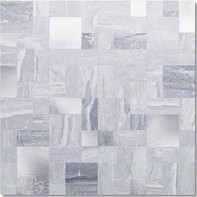 DICOFUN 1 Sheet Grey Marble Peel and Stick Tile Backsplash, Mixed Metal Silver Chips Kitchen and Bathroom Tiles, Stick on Backsplash for Stove