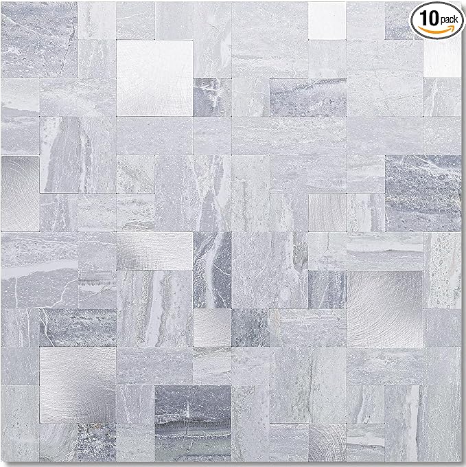DICOFUN 10 Sheets Grey Marble Peel and Stick Tile Backsplash, Mixed Metal Silver Chips Kitchen and Bathroom Tiles, Stick on Backsplash for Stove