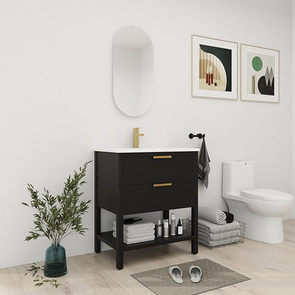 30'' Freestanding Bathroom Vanity, 30 Inch Floor Stand Bathroom Vanity with Sink, Single Ceramic Sink Cabinet Set, Modern Storage Cabinet, with Soft Closing Drawers, Storage Shelf, 01030BCTG