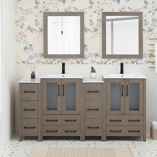 HOMEBEYOND 72 Inch Modern Bathroom Vanity with Sink & Mirror, Double Sink Vanity Cabinet with Basin and Mirror, Dove-Tailed Drawers, Soft-Closing Doors, Wood, Driftwood Gray