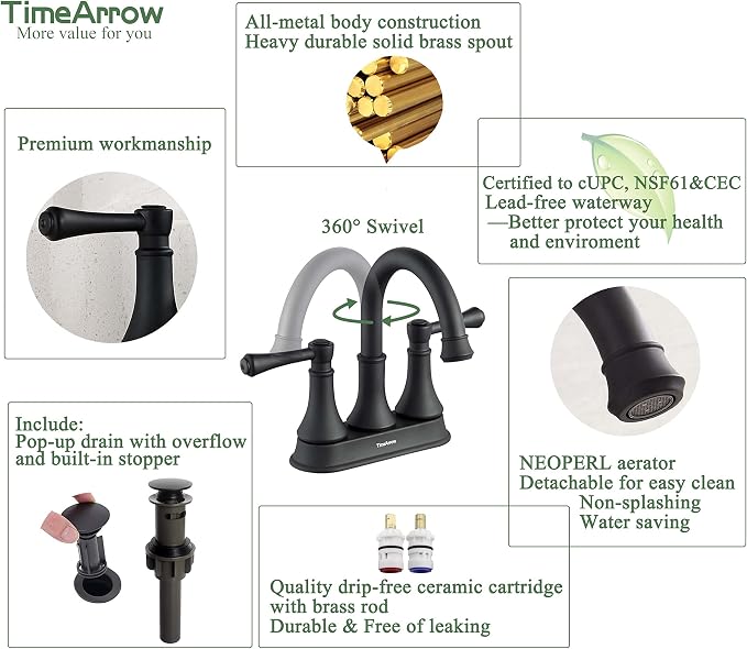 Matte Black Bathroom Sink Faucet for 3 Holes with Pop-up Drain | High Arc Modern 2 Handle 4 Inch Bathroom Faucet, Vanity Lavatory Faucet with 360° Swivel Stainless Steel Spout, TAF067Y-MB